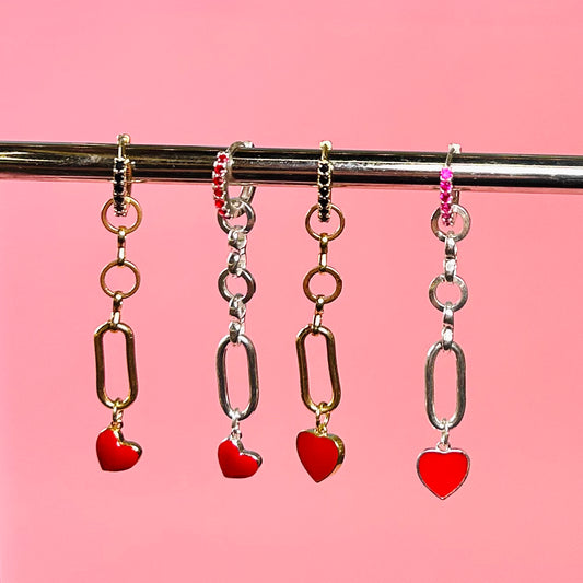 Long dangling earrings red heart