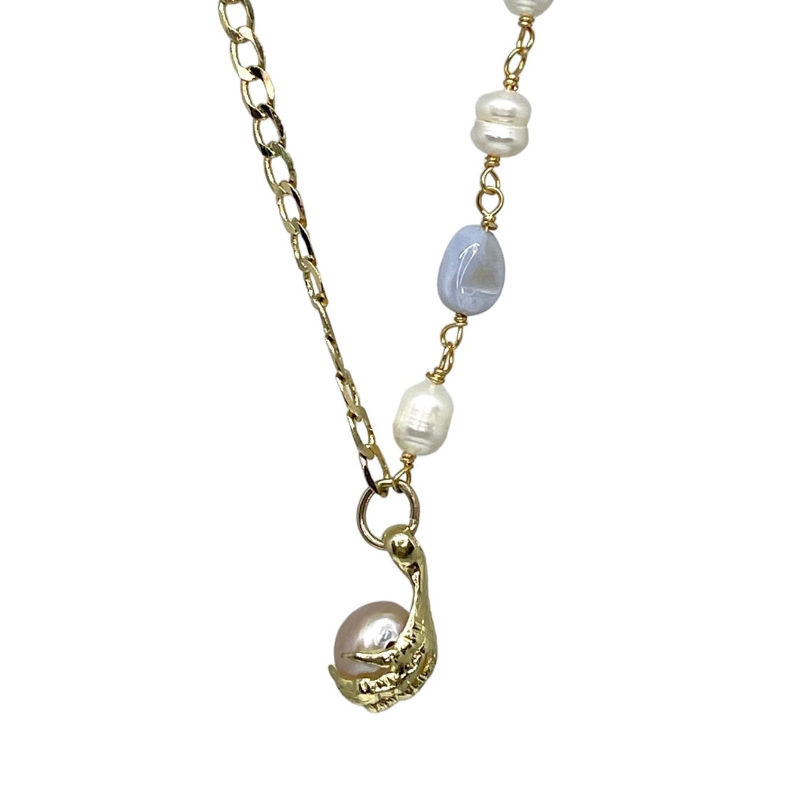 Claw necklace with 50/50 chain &amp; pastel pearls gold double