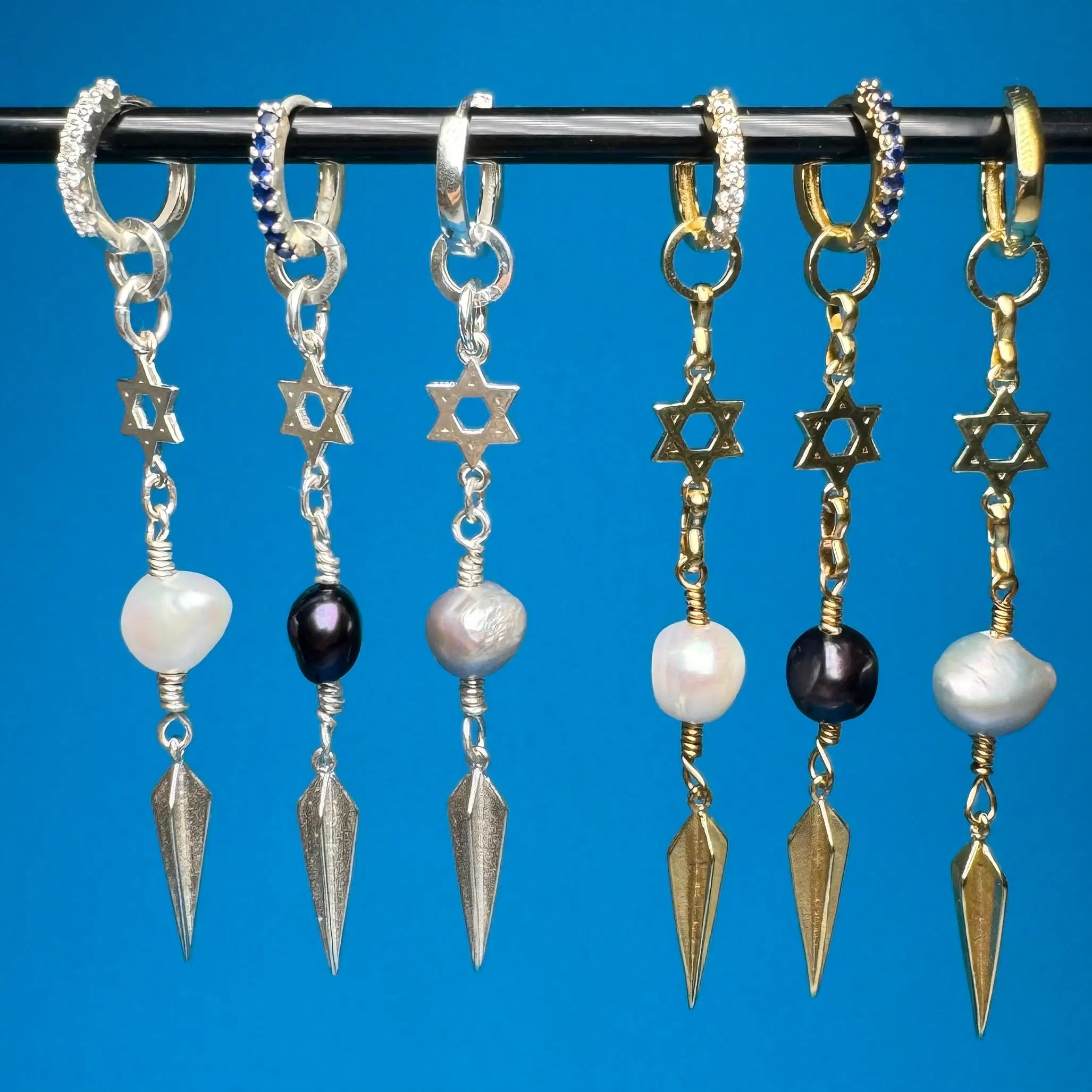 Örhängen - Långa davidstjärna med pärla - L8Hasselblad